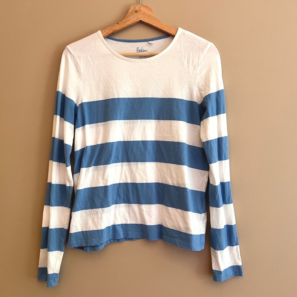 Boden Blue White Striped Long Sleeve Cotton Nautical Preppy Tee Shirt US 6 UK 10